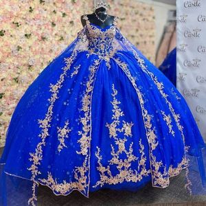 2025 Gold Embroidered Ball Gown Quinceanera Dress - Strapless Royal Blue Prom Evening Dress With Corset Back - View #7