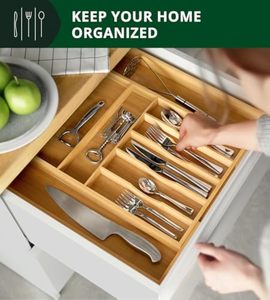 Porte-<span class=keywords><strong>ustensile</strong></span> Rectangle Multifonction en Bambou de Cuisine Organisateur de Tiroir Extensible avec Diviseur <span class=keywords><strong>Plateau</strong></span> à Couverts Pliant - Product Image 4