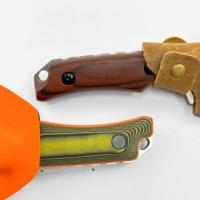 Couteau à lame fixe 15017, manche en bois brun foncé, lame argentée satinée, avec étui en cuir, couteau de chasse EDC