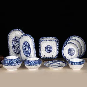 China Servies Blauw En Wit Porselein Servies Keramiek Porselein Pad Afdrukken Diner Soep Fruit Ovale Vis Platen Gerechten Pot