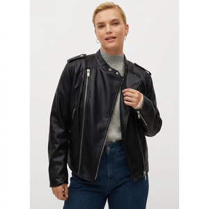 Blouson Moto en Cuir pour Femme, Col Montant, Fermeture Éclair, Manches Longues, Coupe Droite, Noir Uni, Veste d'Automne en Cuir - Product Image 1
