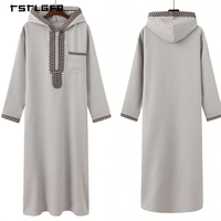 Djellaba marocaine islamique pour homme, gris clair, à capuche, avec bordure brodée, demi-zip, col en V, manches longues, longueur intégrale, style modeste