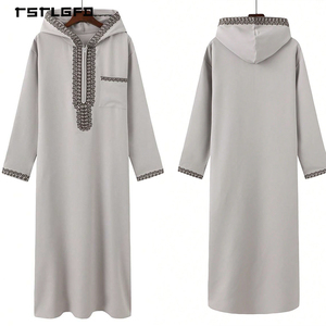 <b>Men</b> Light Grey Hooded <b>Thobe</b> Embroidery Trim Half Zip V-Neck Long Sleeve Full-Length Moroccan Djellaba Islamic Modest Robe - Product Image 3