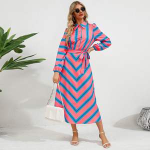 <span class=keywords><strong>Camicia</strong></span> di alta qualità a righe colorate con motivo a maniche lunghe con <span class=keywords><strong>colletto</strong></span> ribollito abito <span class=keywords><strong>Maxi</strong></span> Casual con lacci - Product Image 6