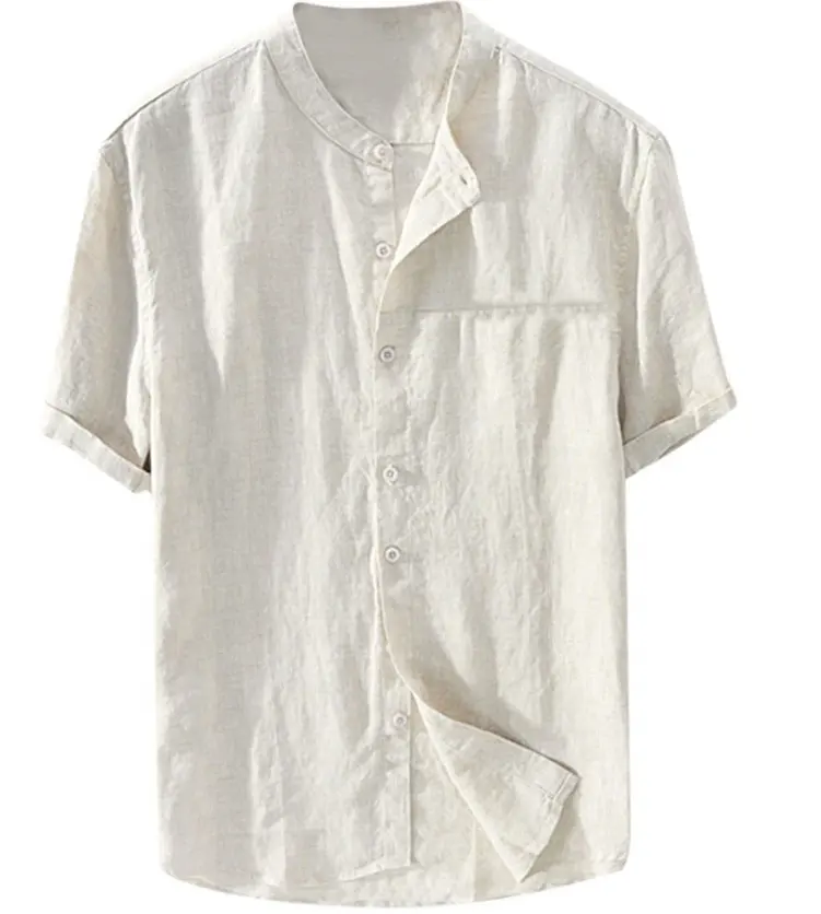 European men's short sleeves loose summer thin breathable cotton linen standing collar shirt men's beach casual shirts