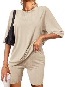 Fabricants de vêtements, t-shirt côtelé en tricot pour femmes et shorts slim, ensembles de 2 pièces, costume en tricot pour femmes - Product Image 5