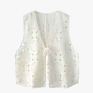 Chaleco de punto de ganchillo con cuello en V de estilo japonés para mujer, cárdigan de verano, ropa de abrigo, color blanco albaricoque - Product Image 3