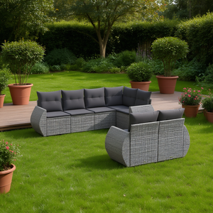 Ensemble de canapés de jardin en rotin gris moderne, 7 places, meubles d'extérieur, résistant aux intempéries, structure en acier, design contemporain - Product Image 2