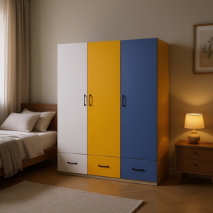 Armadio Moderno in Legno con 3 Cassetti, Ante a Battente, Design a Pannello Piatto, Arredamento Camera da Letto, Combinazione di Colori Giallo, Blu e Bianco - Product Image 2