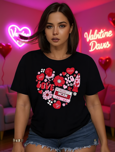 Camiseta retro de los años 80 para mujer, camiseta informal de algodón suave con estampado de corazón rojo XOXO, manga corta, cuello redondo, color negro, para el día de San Valentín - Product Image 2