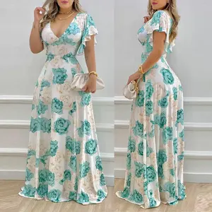 Vestido de verão feminino europeu e americano, temperamento comutante, decote em v, cintura fechada, grande vestido de balanço