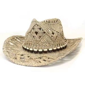Chapeau de cowboy occidental en paille naturelle tressée à la main, avec perles et coquillages, idéal pour la plage et la protection solaire – Nouvelle collection été, vente flash - Product Image 2