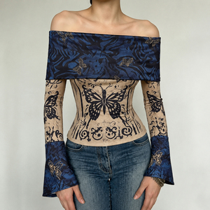 Vintage butterfly print <b>off</b> <b>shoulder</b> flared sleeve slim <b>top</b> ethnic unique design <b>off</b> <b>shoulder</b> slim flattering T shirt - Product Image 4