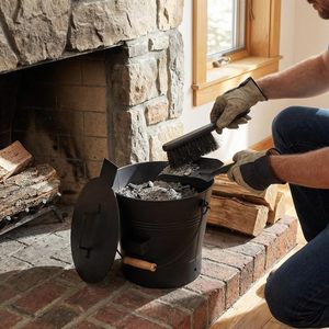 Ensemble de seaux à cendres en métal thermolaqué de style industriel avec couvercle, balai et pelle pour foyer et brasero - Emballage pour commande par courrier - Product Image 6