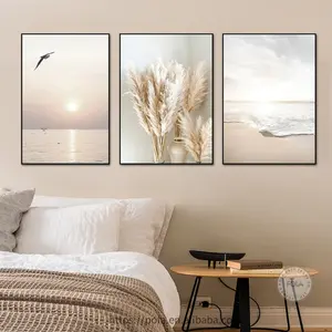 3-teiliges Sunrise Strand Meereswelle Beige Landschaft Leinwand Aufnahmen perfekte natürliche Landschaft Pflanze Strand Poster für Wohnzimmer Wandkunst