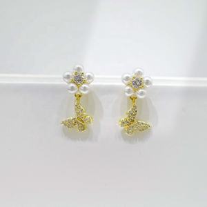 Pendientes de plata de ley 925 con diseño de flor de verano y perla, joyería fina, pequeños y lindos pendientes de lazo y mariposa para niñas. - Product Image 1