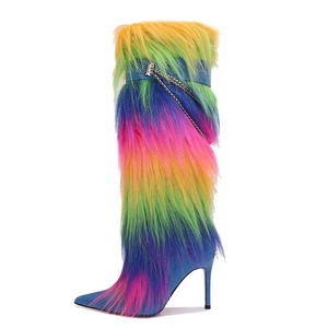 Bottines longues en fourrure personnalisées pour femmes, talons hauts, chaîne métallique sur bottes moelleuses jusqu'au genou, chaussures d'hiver fourrées pour la neige - Product Image 2