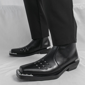 Trendy Square Toe High Heel Ankle <b>Boots</b> for Men <b>Spring</b> & Autumn High Top Metal Toe Zipper Casual Party Short <b>Boots</b> - Product Image 3