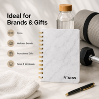 Carnet de fitness personnalisé, couverture rigide, spirale, motif marbre blanc, reliure dorée, entraînement, repas, hydratation, marque privée