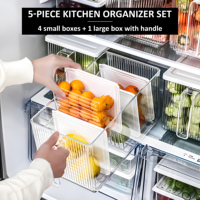 Nouveau ménage cuisine bac de rangement organisateur en plastique avec poignée couvercle retour à l'école agrafe-empilable réfrigérateur bac de rangement