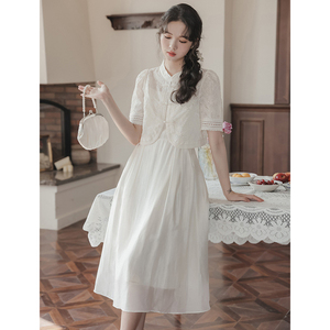 Abito Qipao in Stile Cinese Migliorato, Completo Bianco a Due Pezzi con Elementi <span class=keywords><strong>Han</strong></span>, Lungo Abito Hanfu Cinese, Cheongsam da Fabbrica per Donne - Product Image 4