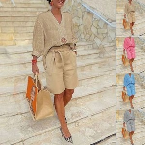 Boutique Wholesale 2025 Summer New <strong>Fashion</strong> V-neck <strong>Cotton</strong> Linen Loose Shirt Casual Shorts Women's Set - Product Image 2
