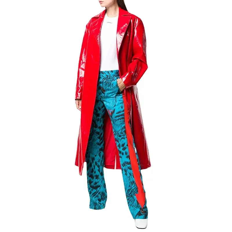 Großhandel Frauen Belted Trench Mantel Hohe Putz Red Patent Lather Mantel