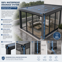 Kit de véranda de luxe moderne blanc série E avec pergola intégrée, portes coulissantes en verre, volets latéraux manuels à revêtement poudré pour l'intimité