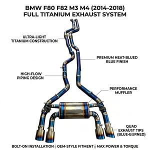 Sistema de escape Catback Vortex Luxury Titanium Valvetronic para F80 M3/F82 M4 S55 3.0L Twin Turbo con puntas cuádruples azules quemadas con corte en pie. - Product Image 1