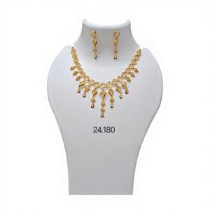 <b>Gold</b> Angular Drop Necklace <b>Set</b> with Ribbed Round Links and Coordinated Earrings for Womens Party <b>Jewelry</b> - Product Image 1