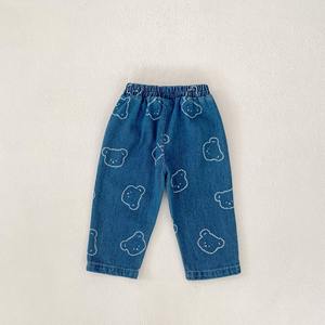 Printemps automne enfant en bas âge unisexe denim tête d'ours imprimé pantalon + revers cardigan bébé vêtements costume - Product Image 6