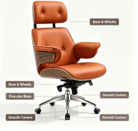 Chaise de bureau de direction ergonomique à dossier haut avec base pivotante en aluminium, coque en bois et revêtement en cuir pour bureau de direction