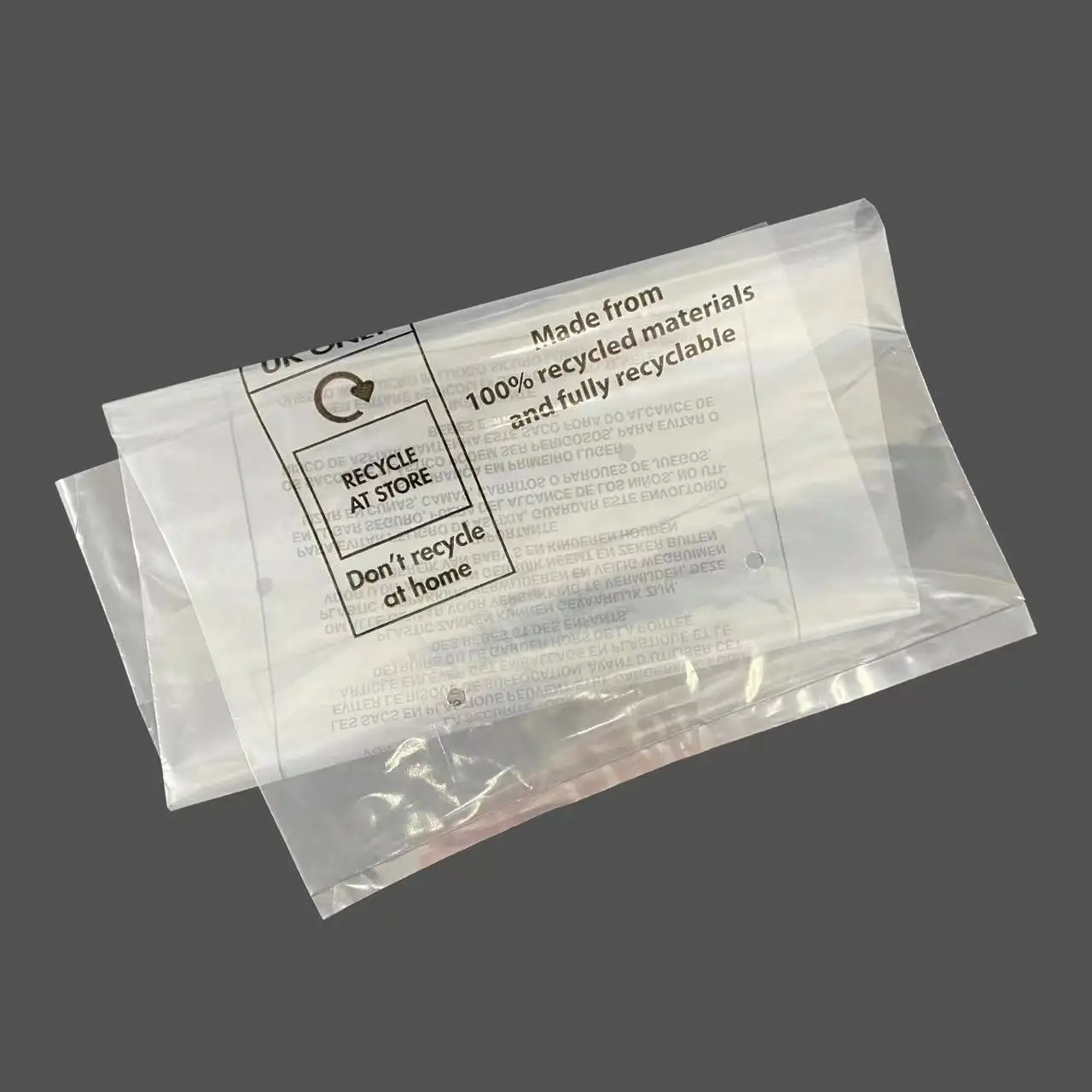 Sacchetti eco-friendly in plastica trasparente in HDPE riciclata, in plastica trasparente, sacchetti per abbigliamento con Logo stampato per soffocamento di dimensioni personalizzate