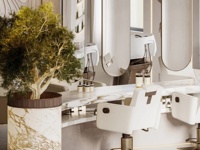 Service de design d'intérieur de salon de coiffure de luxe industriel moderne, système d'affichage de miroirs suspendus sur mesure et aménagement de boutique
