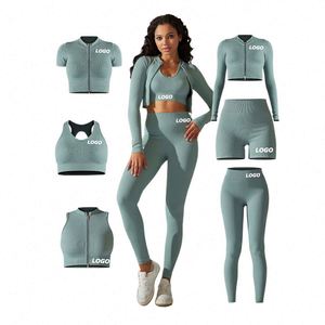 Ensemble de yoga sans couture 6 en 1 personnalisé pour femmes - Cardigan à manches longues, soutien-gorge, short, pantalon pour le fitness et cadeau personnalisé - Product Image 1