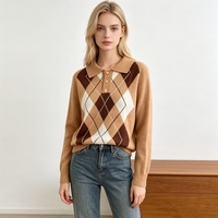Pull-over décontracté à manches longues pour femme, col polo, en tricot jacquard Argyle, motif losanges, coupe décontractée, style preppy, automne