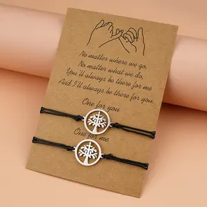 Trendy 2PCS Friendship Jewelry Wish Card Stainless Steel Black Woven String Tree Of Life Bracelet