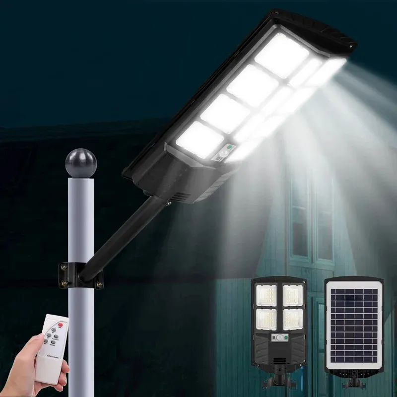 Solar Street Lights Outdoor Waterproof 8000LM High Brightness Dusk to Dawn LED Lamp with Motion Sensor Remote Control for Garden