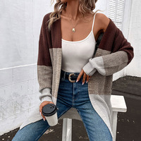 Cardigan à Col en V Femme Automne/Hiver 2024, Pull Tricoté Tendance Bicolore pour Dames