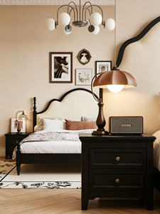Premium Black Solid Wood <b>Bed</b> <b>Frame</b> French Vintage Wavy Upholstered Headboard Comfortable Bedroom Furniture Stable Home Wooden Do - Product Image 6