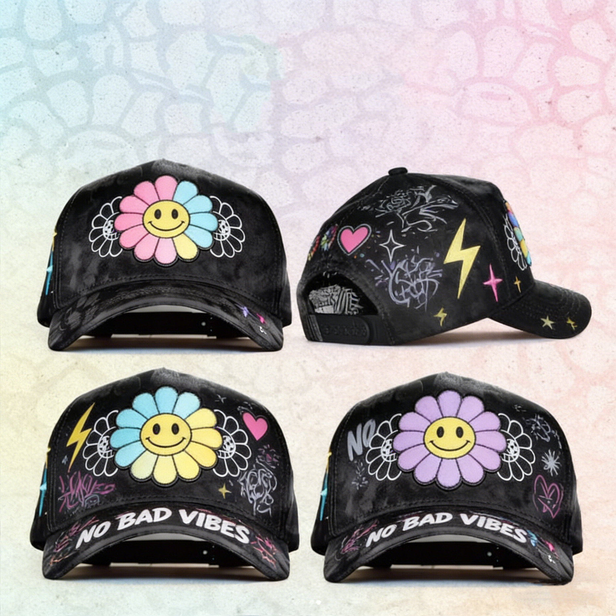 Customized Black Embellished Patch Baseball Cap with Pink & Green Accents DIY Embroidered Baseball Cap Designs: My Handcrafted  main image 4
