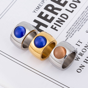 yunnique Men's Geometric <b>Titanium</b> Steel <b>Ring</b> With Blue Cat's Eye Effect Gold Plated Bezel Setting Jewelry Gift - Product Image 1