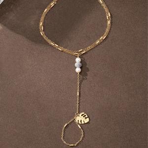 Joyería de Acero Inoxidable, Resistente al Agua, Chapada en Oro de 18k, Imitación de Perla, Colgante en Forma de Hoja, Pulsera, Anillo, <span class=keywords><strong>Cadena</strong></span> de Mano, Antideslustre - Product Image 2