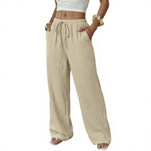 Pantalon en lin taille haute pour femme, coupe ample, couleur unie, respirant, brodé, avec cordon de serrage, décontracté, pour l'été et la plage - Product Image 5