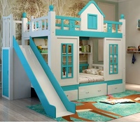 Lit superposé en bois pour enfant, design château européen, avec toboggan et escalier, modèle 2026, lit mezzanine