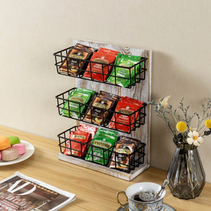 Contenitore di stoccaggio in legno rustico e metallo nero per bustine <span class=keywords><strong>da</strong></span> tè Organizer <span class=keywords><strong>da</strong></span> tavolo o <span class=keywords><strong>da</strong></span> <span class=keywords><strong>parete</strong></span> ripiano organizzatore a 3 livelli - Product Image 5