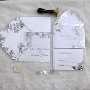 Carte d'invitation de <span class=keywords><strong>mariage</strong></span> en acrylique givré, pièces, avec impression florale, couleur argent - Product Image 1