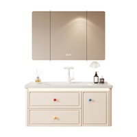 Set Kabinet Kamar Mandi Dinding Pintar Lengkung Aluminium Model Sarang Lebah Gaya Prancis Terintegrasi dengan Wastafel Keramik dan Cermin
