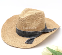 D D Vente en gros Chapeau de cowboy au crochet en paille de raphia naturel protecteur contre le soleil d'été pour unisexe