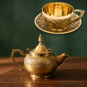 Vintage Brass Tea Pot With Lid And <b>Cup</b> <b>Saucer</b> Set Decorative Metal Water Pot With Handle Ornate Design - Product Image 6